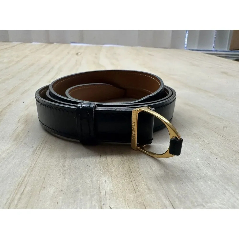 Black Leather Belt with Gold Stirrup-Style Buckle
